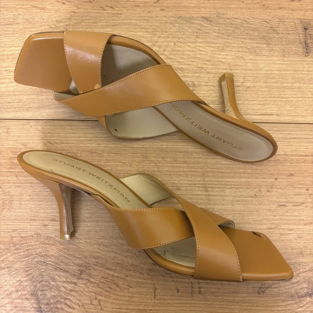 STUART WEITZMAN Dayna Sandal Heels Size 8.5 Macchiato Tan‎ Leather Square Toe - Picture 7 of 11